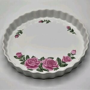 VTG Christineholm Porcelain 9" Quiche Baking Dish Scalloped Rim Rose Pattern EUC